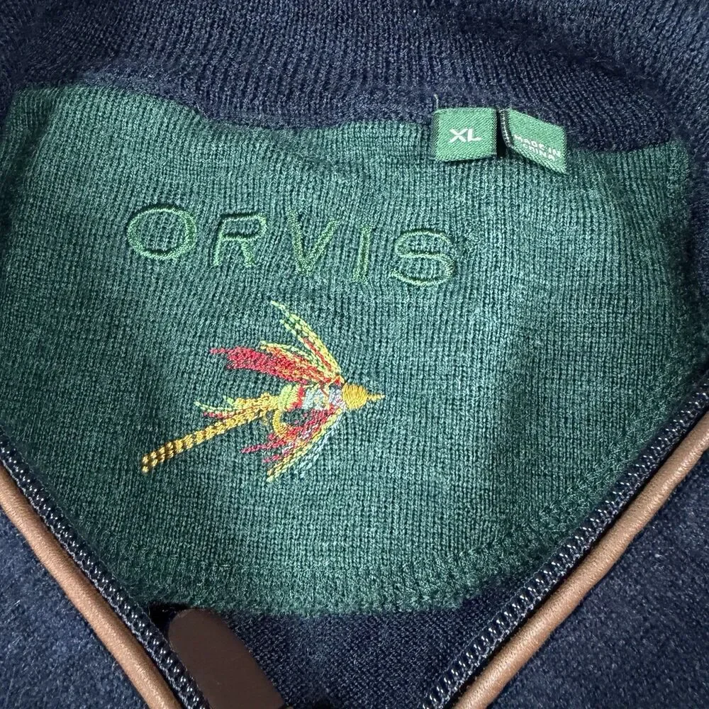 Orvis Sweater Mens Xl 1/4 Zip Long Sleeve pullover 100% Merino Wool Navy Blue